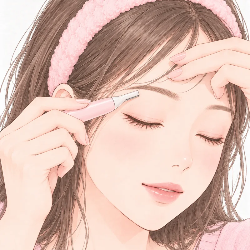 顔用シェーバーで、眉の下を整えているところ