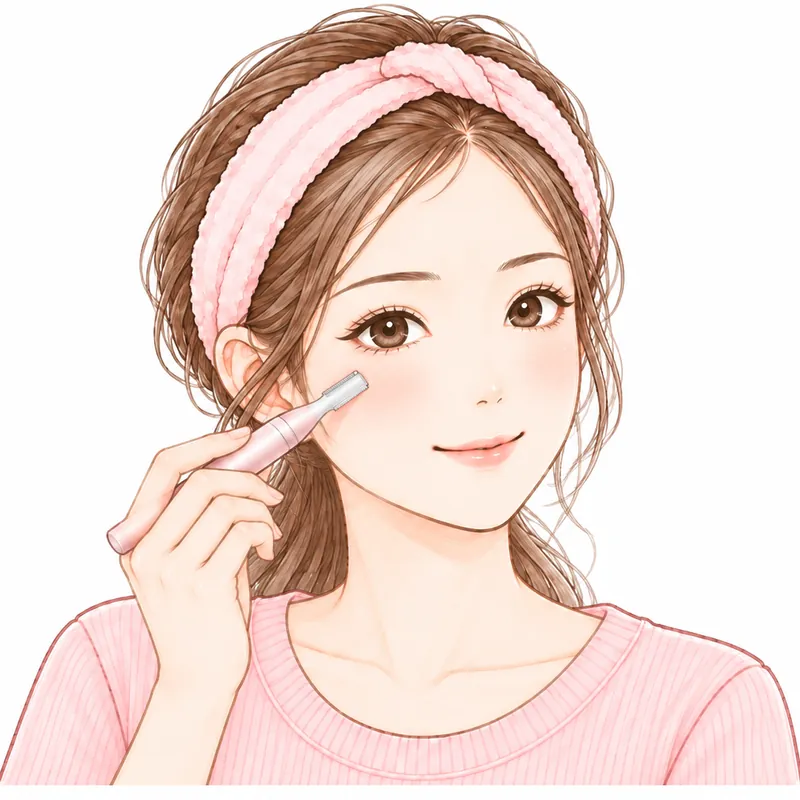 顔用シェーバーをほおに当てて、産毛を剃っているところ