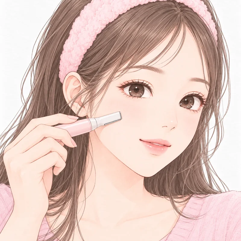 顔用シェーバーをほおに当てて、産毛を剃っているところ