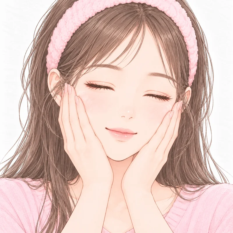洗顔のあと、両手で顔をつつむように、化粧水をなじませているところ