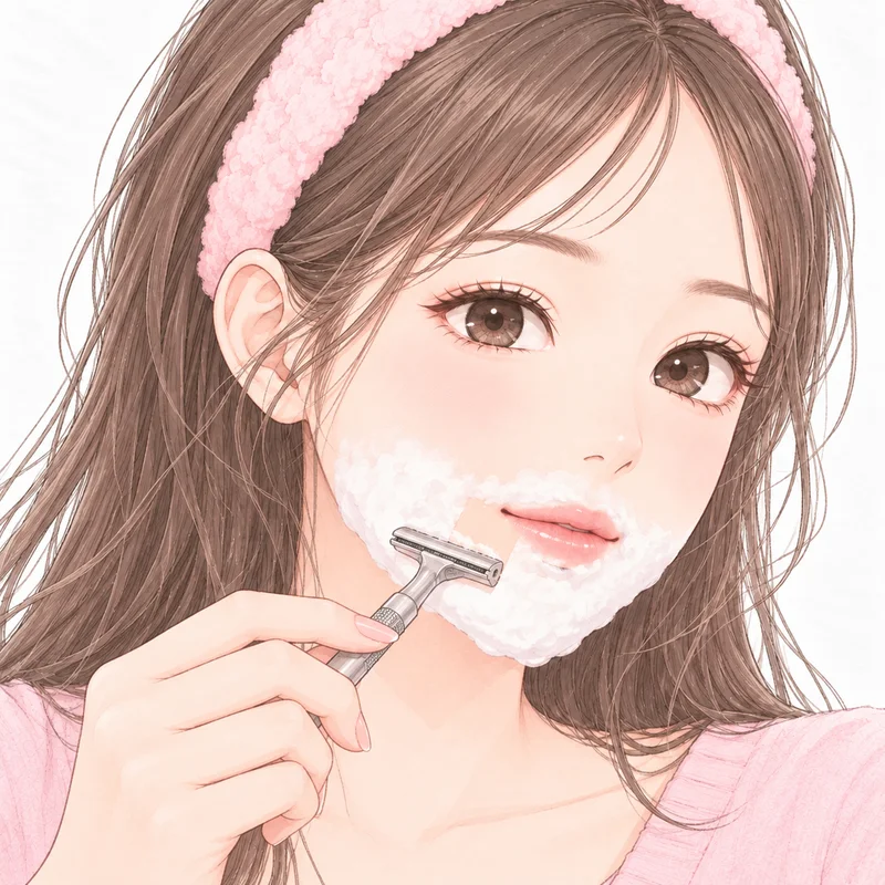 あごに泡をつけて、T字カミソリでヒゲを剃っているところ