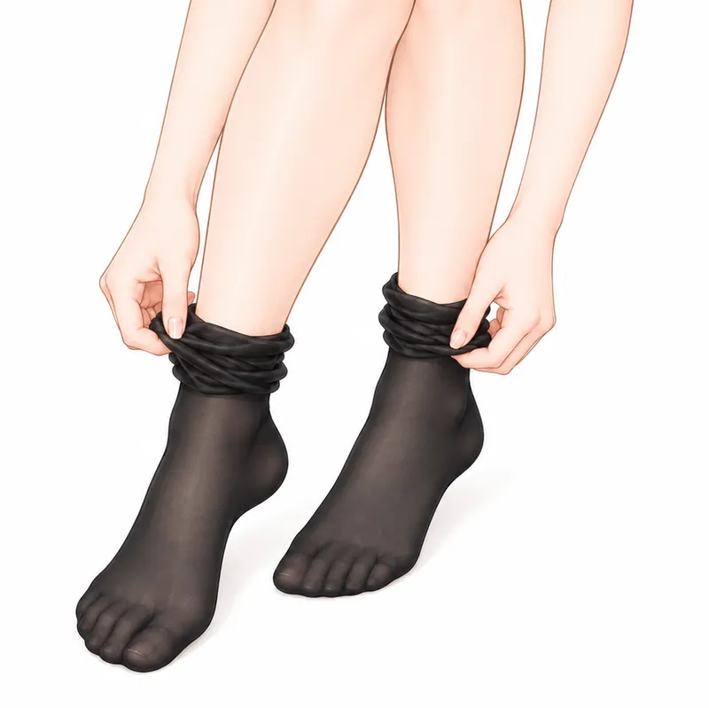 タイツを、つま先からたぐり寄せてはいているところ