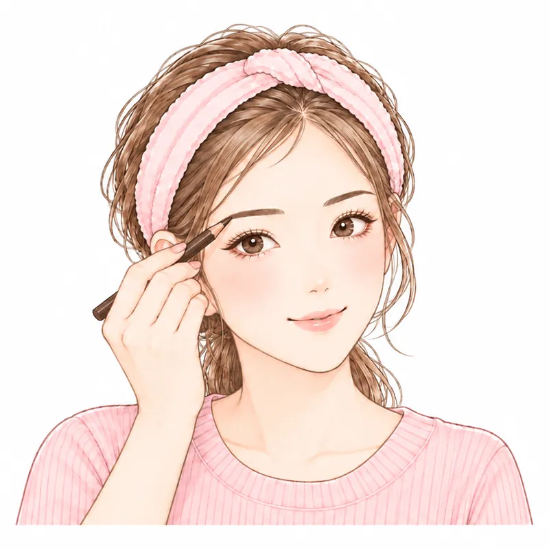 眉を、ペンシルで描いているところ