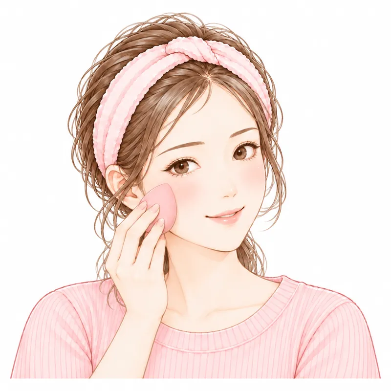 ファンデーションを、スポンジでほおに伸ばしているところ