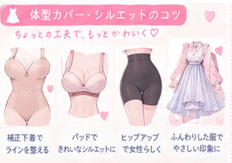 体型カバーのコツ:補正下着でラインを整える、パッドでシルエットを作る、ふんわりした服でやさしい印象に