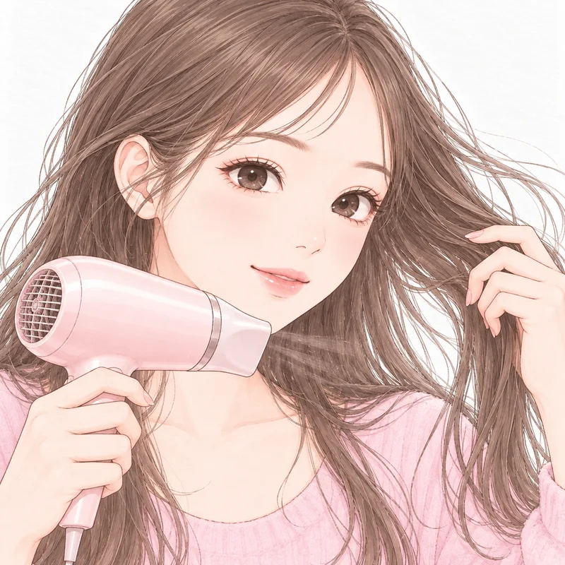 ドライヤーで、髪を根もとから乾かしているところ