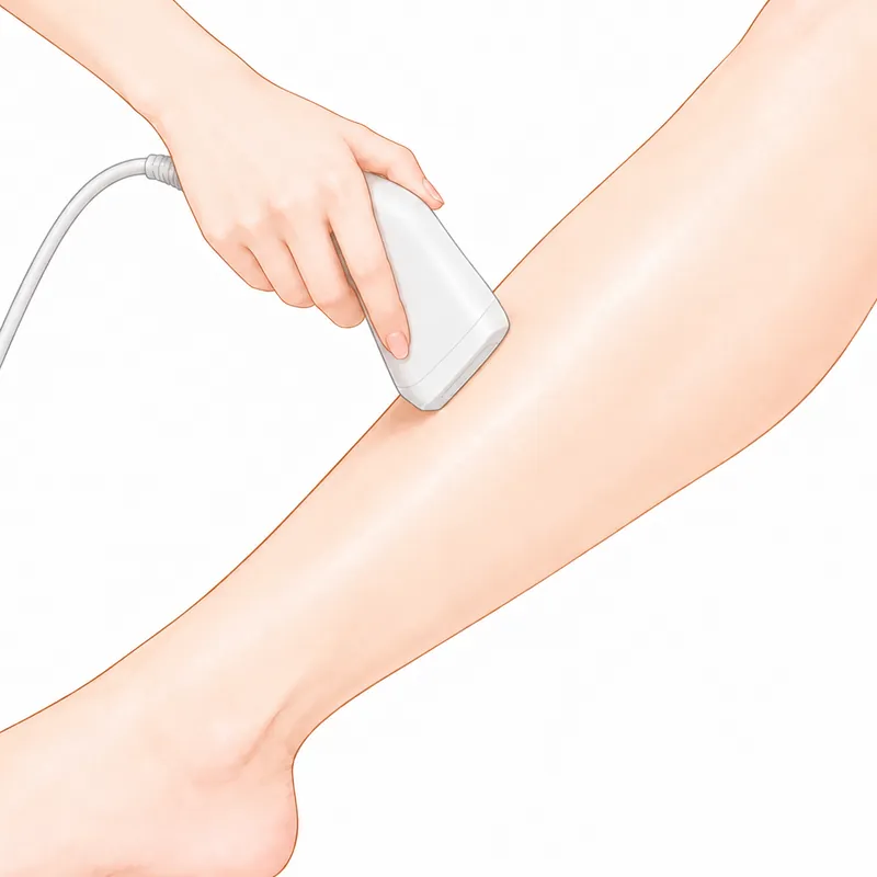 光美容器を、すねに当てているところ