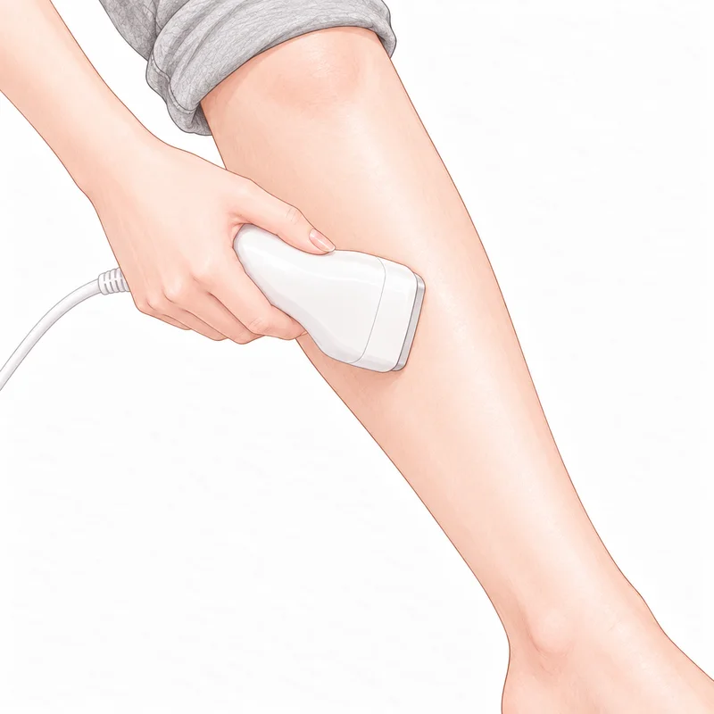 家庭用の光美容器を、自分で、肌に当てているところ