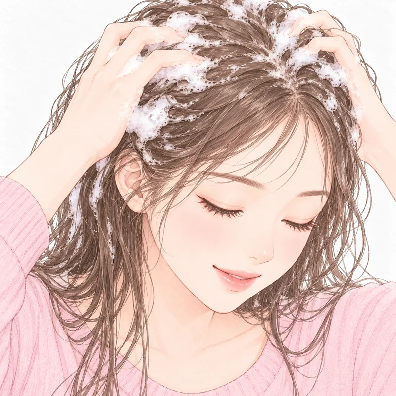 シャンプーを泡立てて、頭皮を、指のはらで洗っているところ