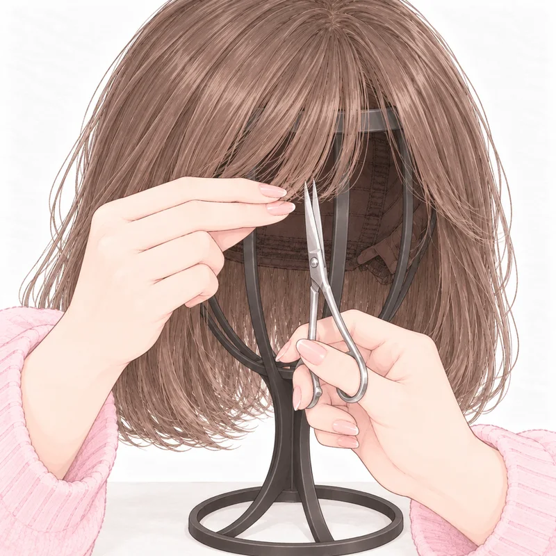 ウィッグの前髪を、ハサミを縦にして切っているところ