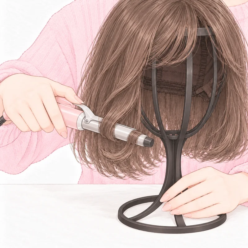 ウィッグを、ヘアアイロンで巻いているところ