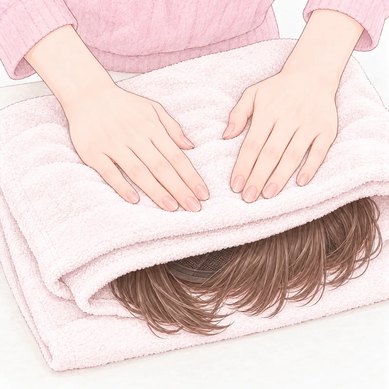 ウィッグを、タオルではさんで水気を取っているところ