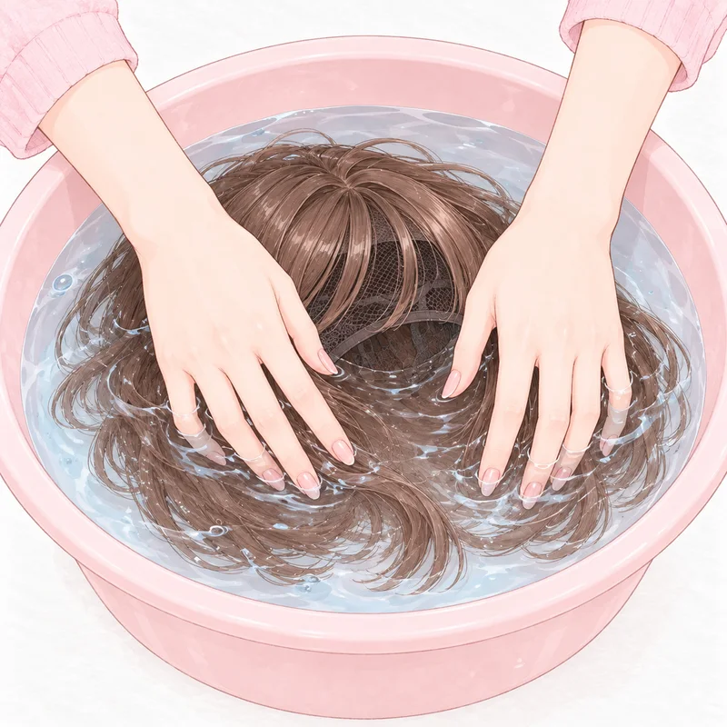 ウィッグを、洗面器の水で押し洗いしているところ