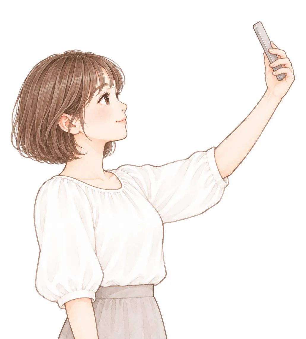 スマホを、目より少し高い位置にかまえて、見上げている