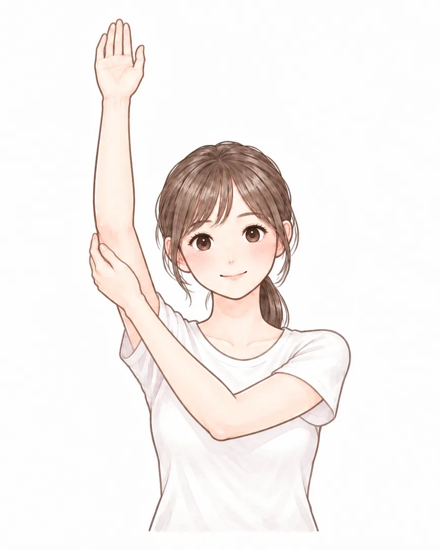 うでを、まっすぐ上に上げて、反対の手で、ひじをささえている