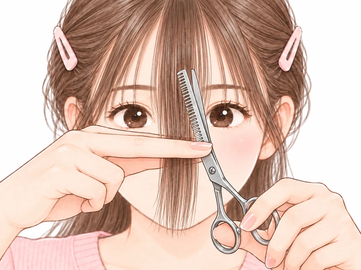 前髪の毛束を指ではさみ、真ん中あたりに、すきバサミを、縦に入れている
