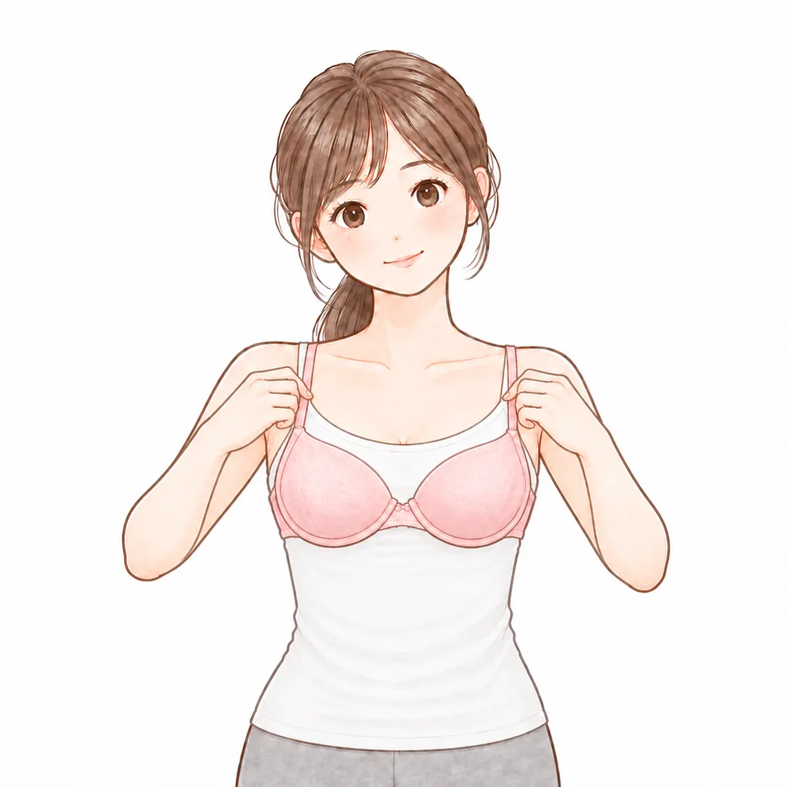 ③肩ひもに腕を通して、カップを合わせる
