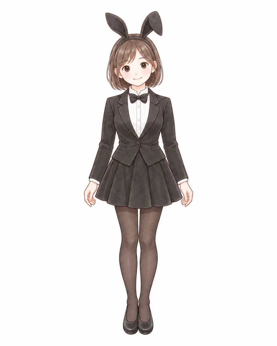 黒いジャケットとスカートに、うさぎの耳をつけた、バニー風の服