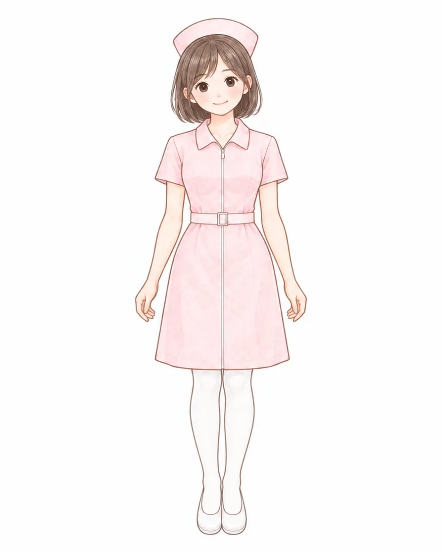 うすいピンクの、えりつきのナース服と、ナースキャップ