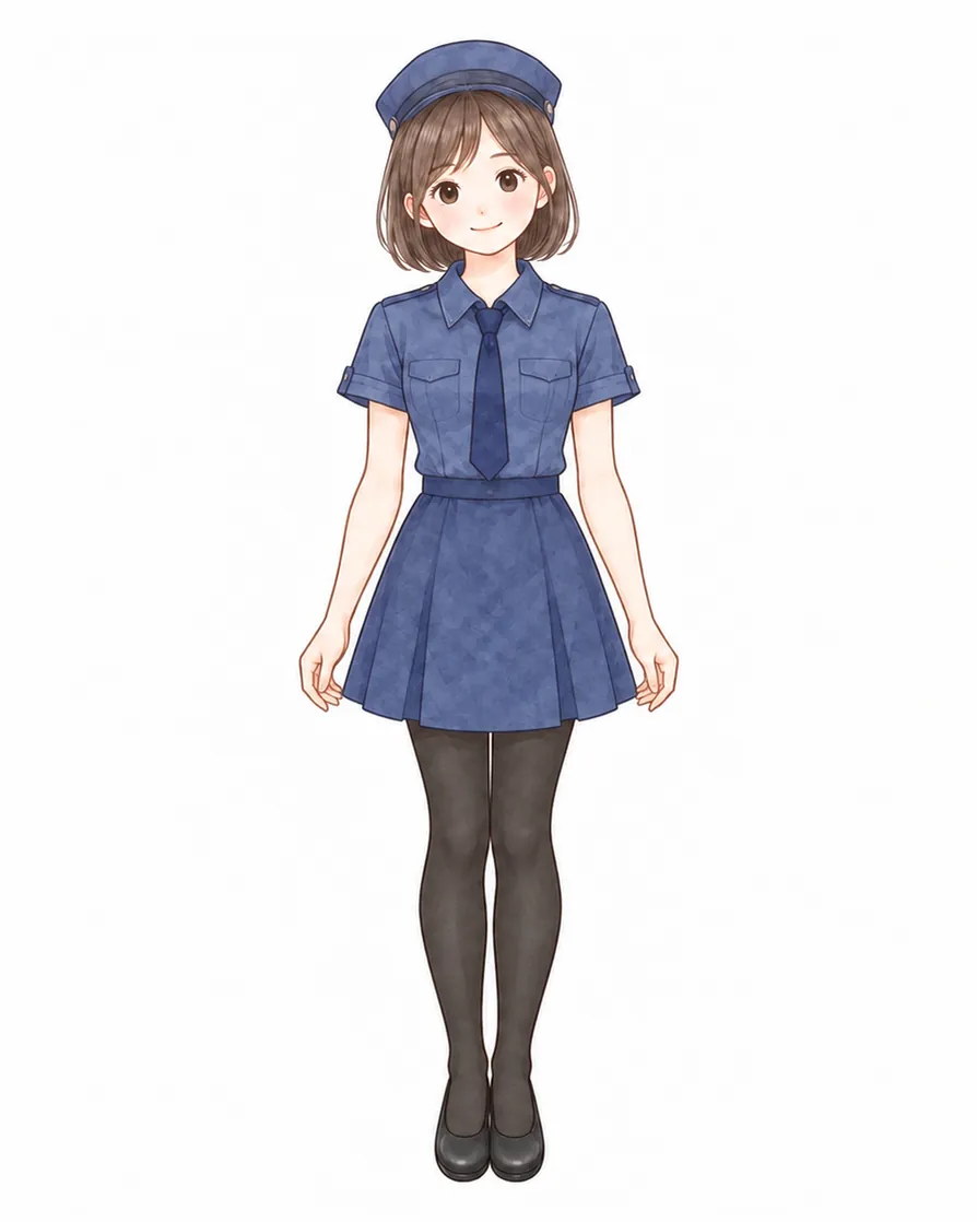 紺色の、ポリス風の服。半そでシャツにネクタイ、すそが少し広がるスカート、帽子