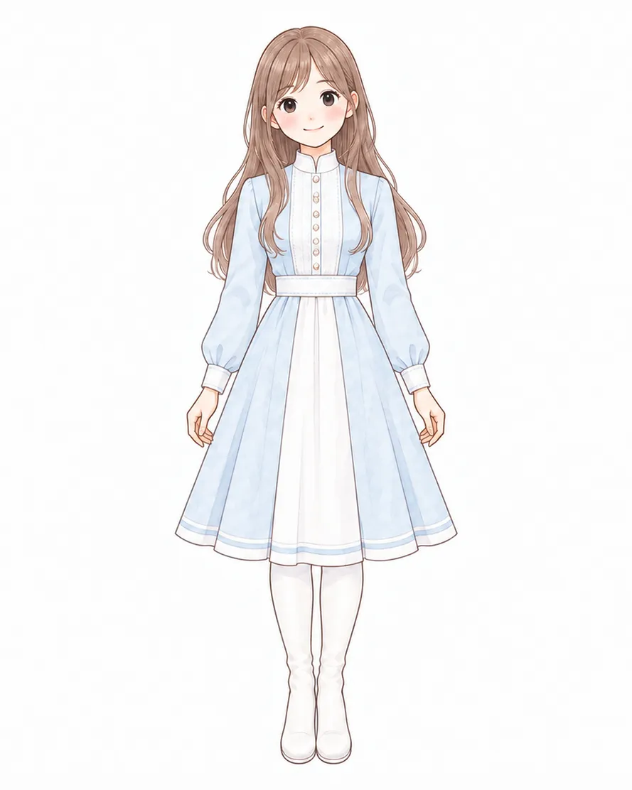 長そで・首もとまでのえり・ひざ下まで広がるスカートの衣装