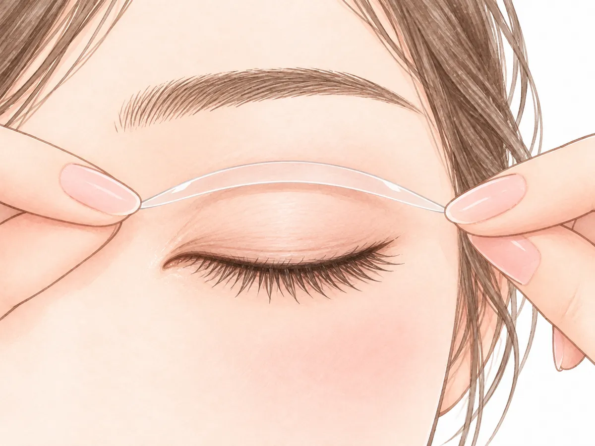 細いテープの両はしを持って、閉じたまぶたに、貼ろうとしている