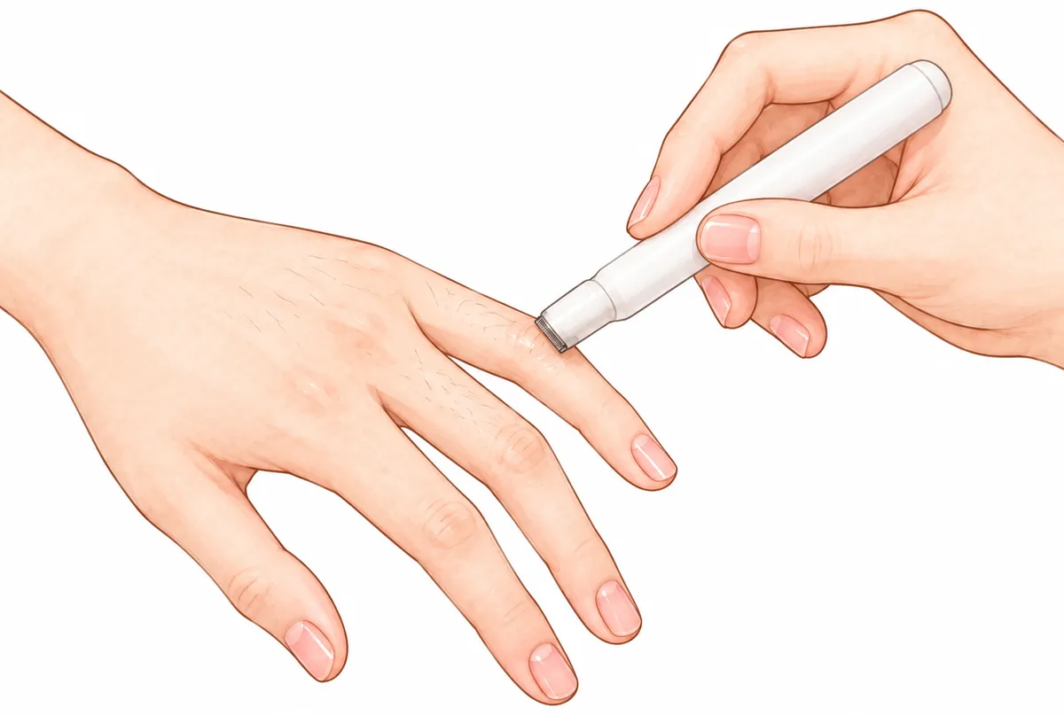 軽く曲げた指の背に、ペンの形の電動シェーバーを当てている