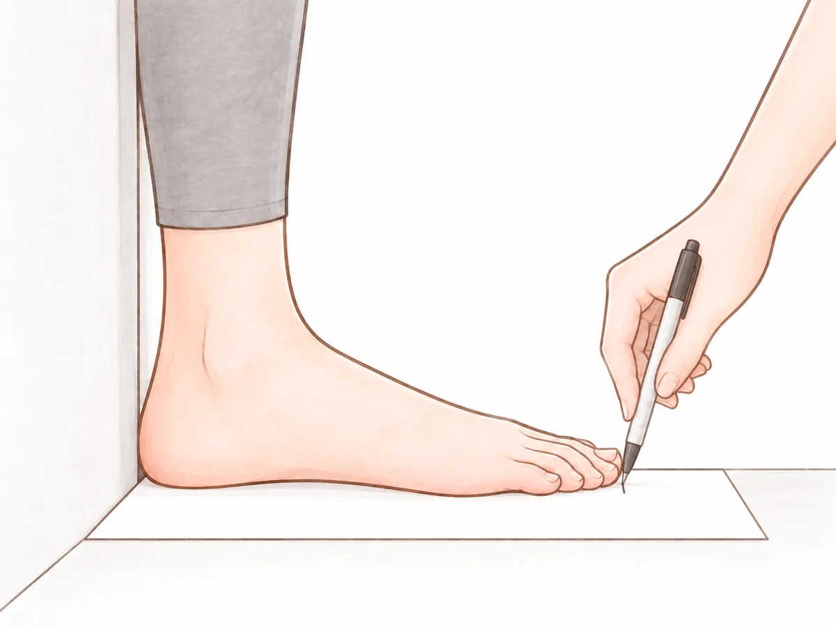 ①かかとを壁につけて、いちばん長い指の先に、印をつける