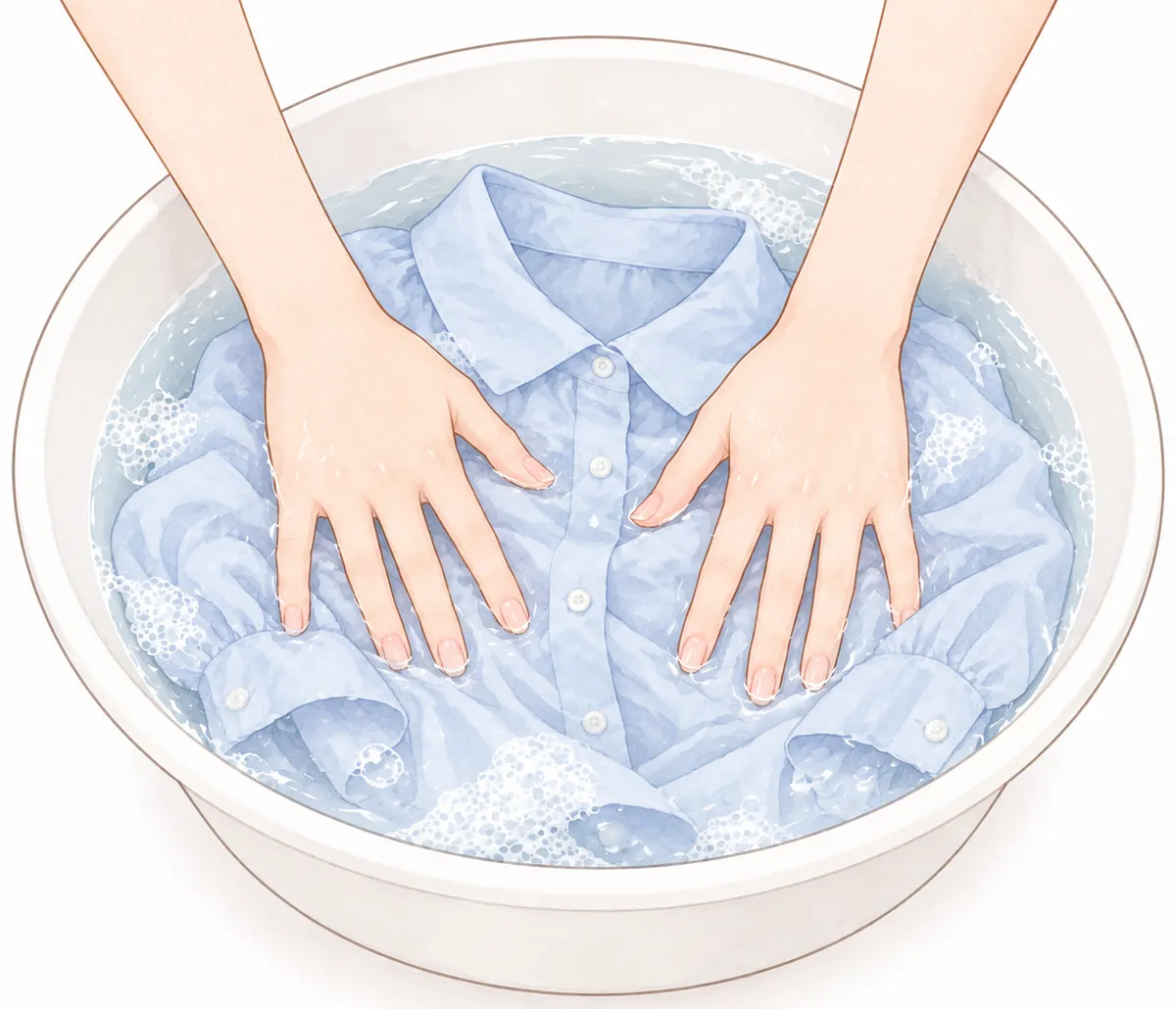 洗面器の水の中で、ブラウスを、両手のひらで押している