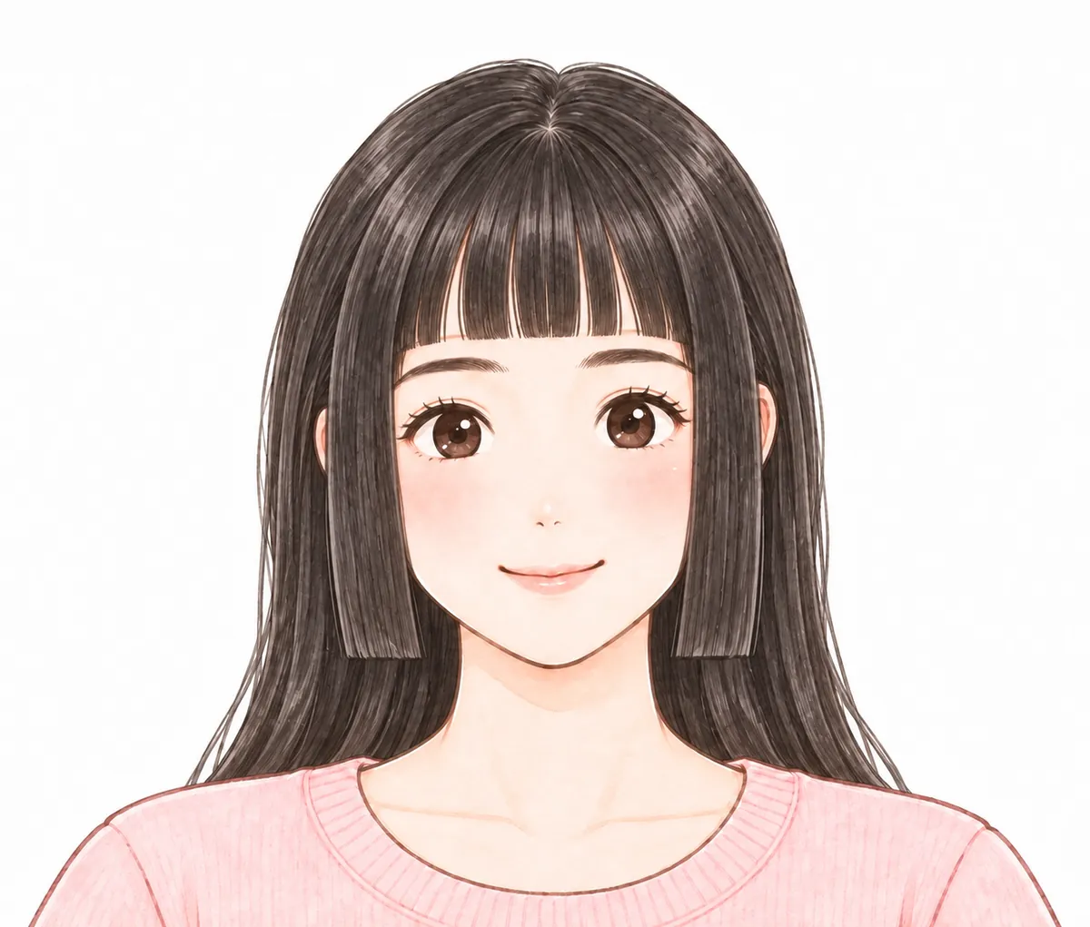 姫カットのウィッグ。前髪は眉の上で、顔の横の毛は、あごの高さで、まっすぐ切りそろえてある