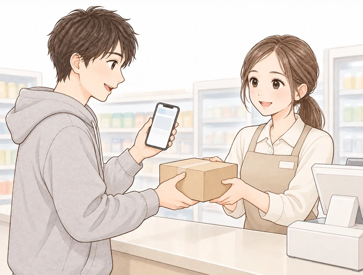 コンビニのレジで、スマホの画面を見せて、無地の箱を受け取っている