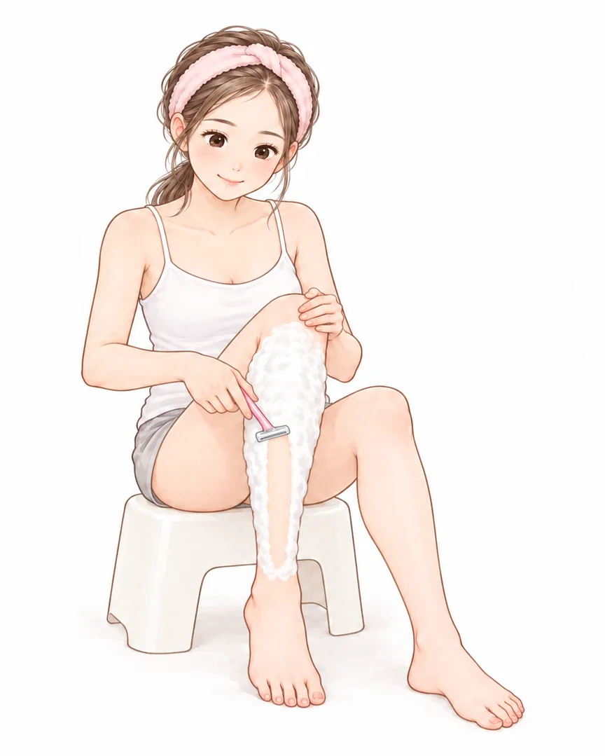 浴室のいすにすわり、ひざを立てて、泡をつけたすねを剃っている