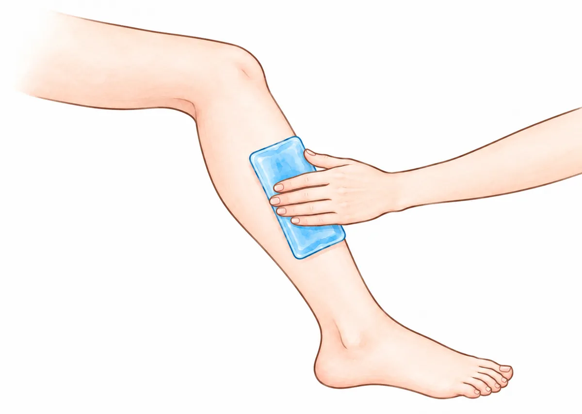 すねに、青い保冷剤を当てて、冷やしている