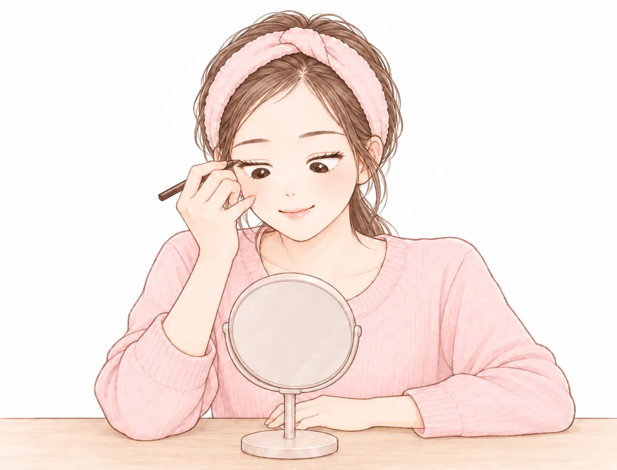 ひじを机について、小指をほおに当て、ペンシルを上まぶたに当てている