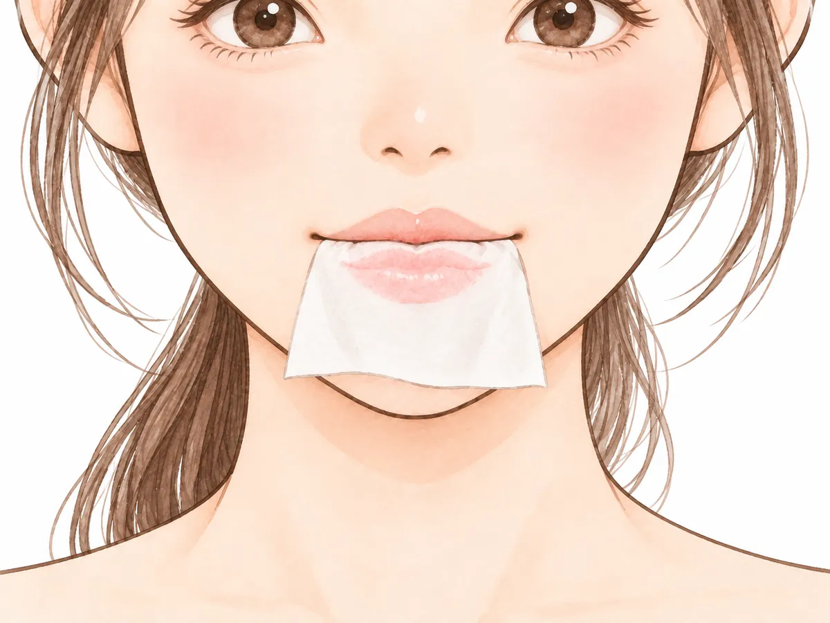 ティッシュを、くちびるにはさんで、軽く押さえている