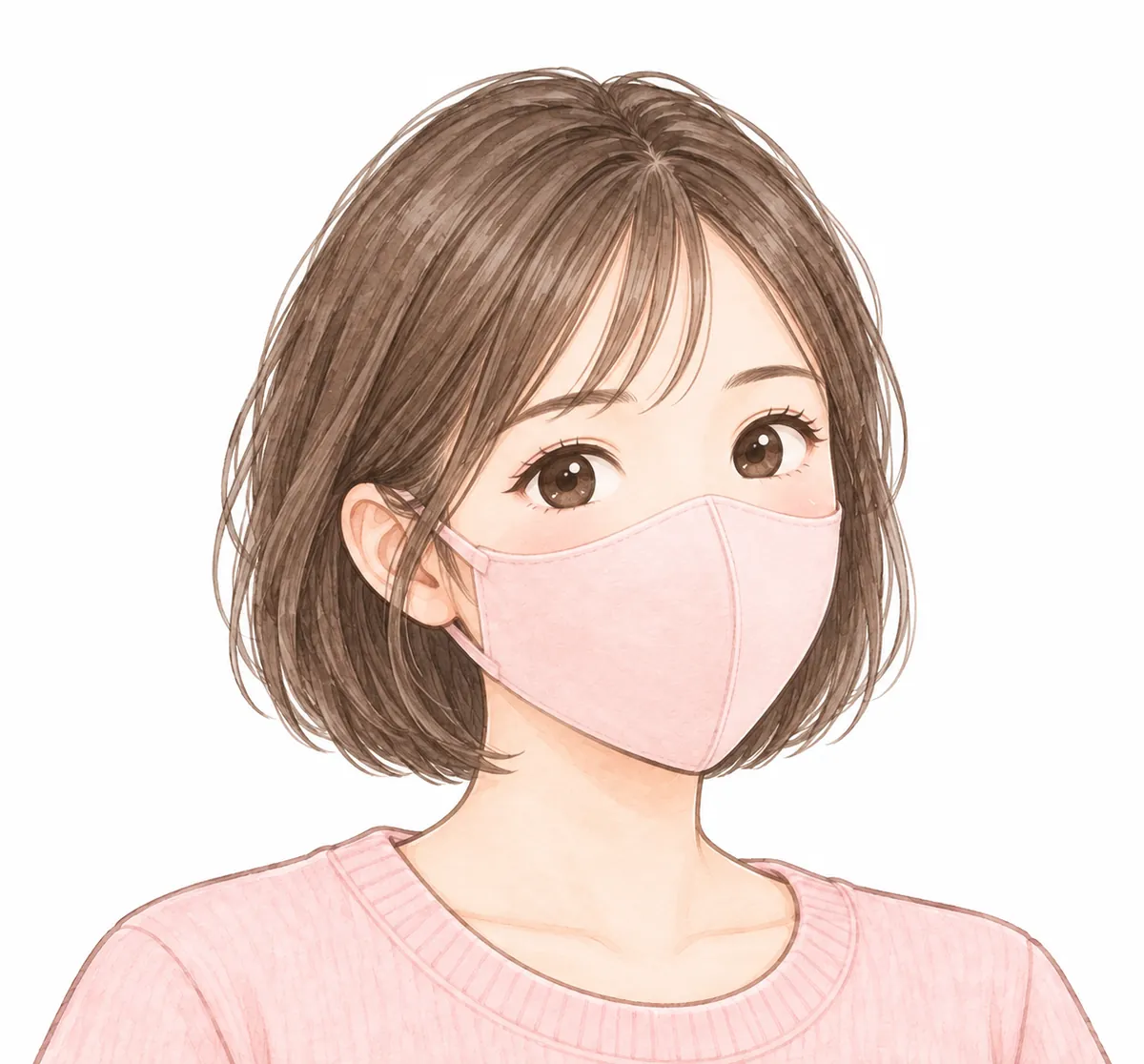 前にとがる形の、立体型のマスクを、目のすぐ下からあごの下まで、つけている