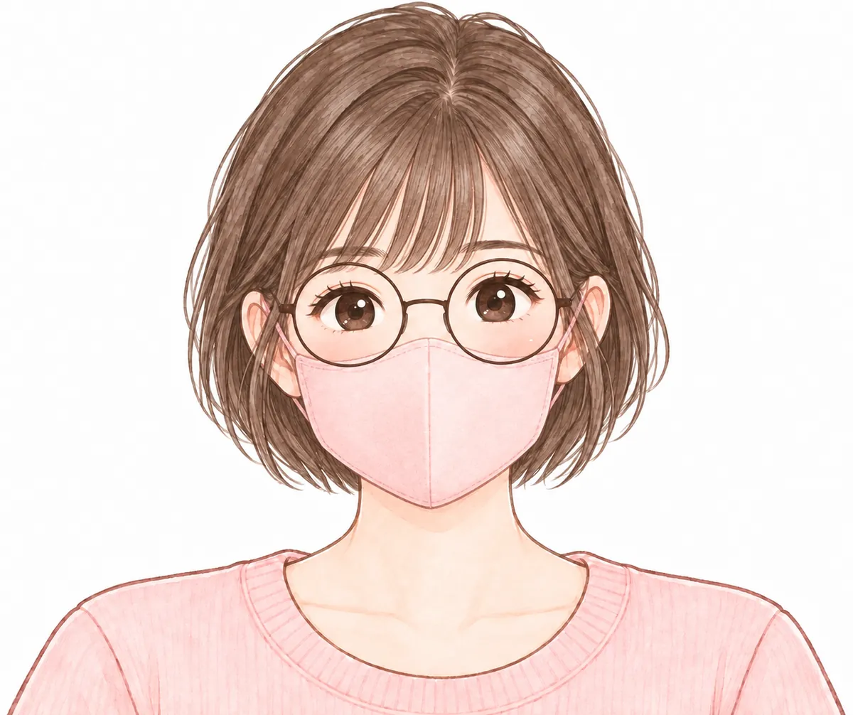 前髪・メガネ・マスクの3つをつけた顔。見えているのは、目もとだけ