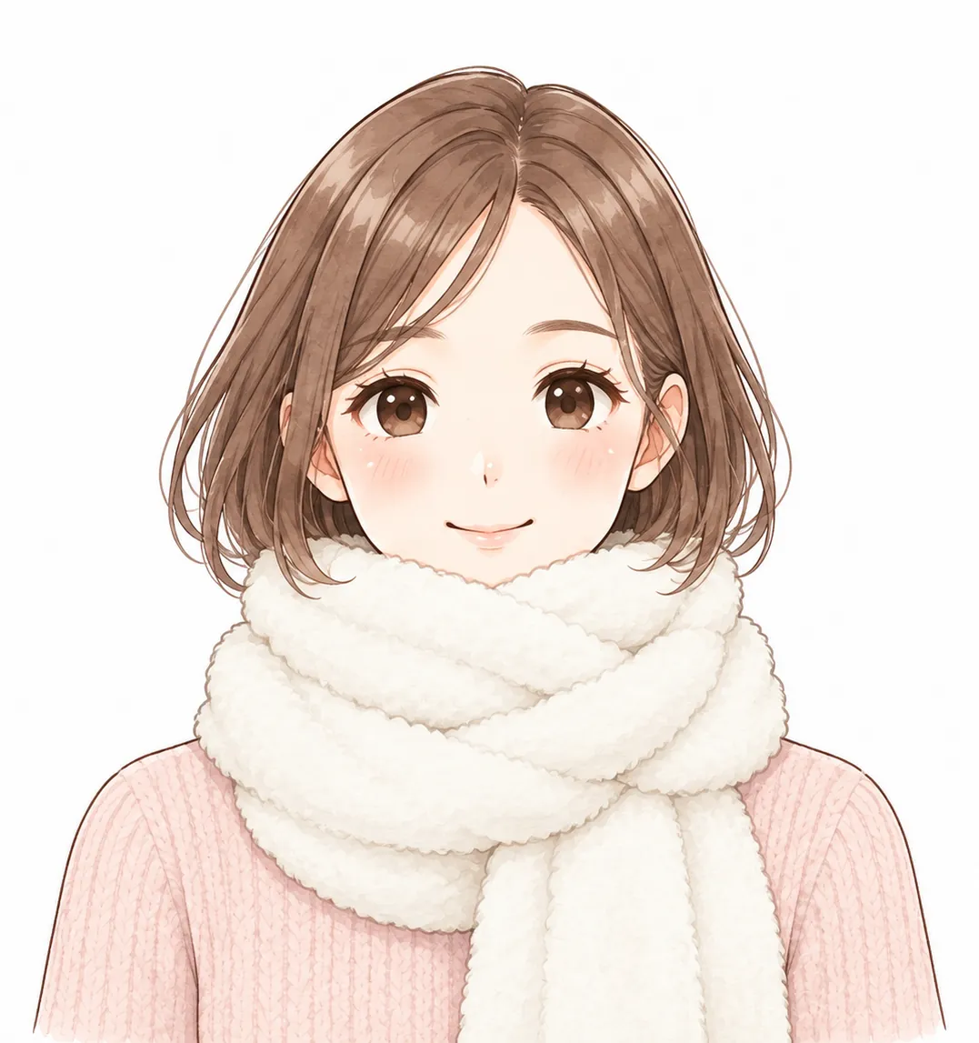 ふわふわのマフラーを、ぐるぐる巻いて、あごまで、うずめている