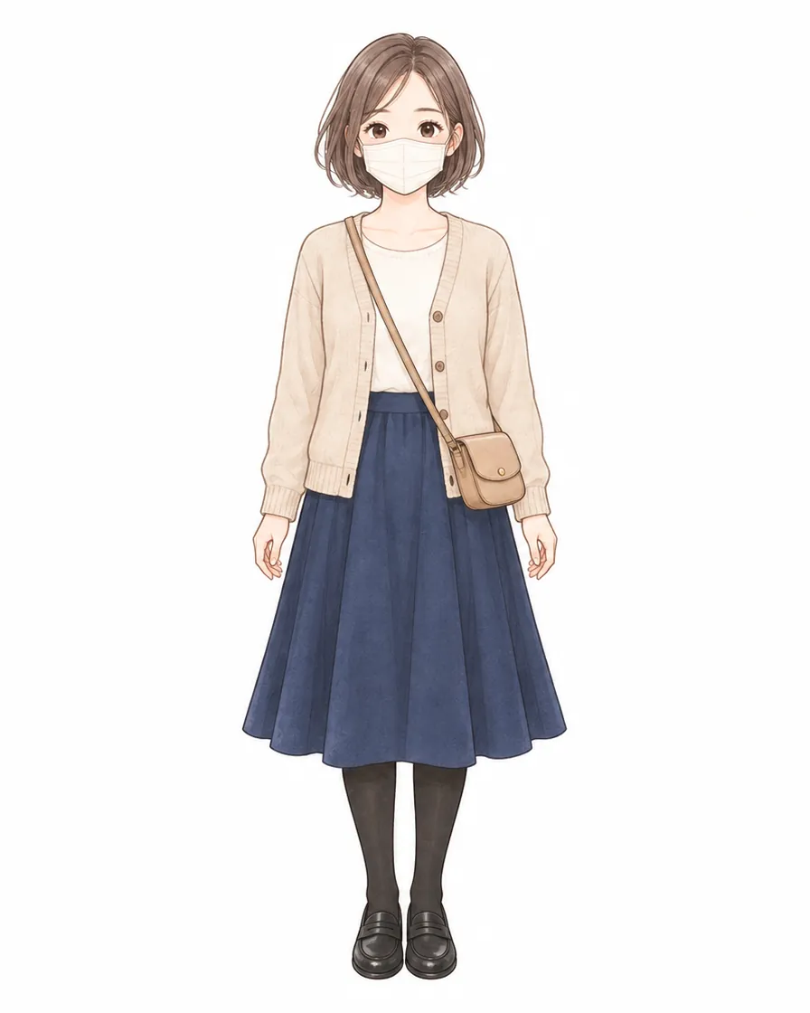 はじめての外出に向く服。マスク、ベージュのカーディガン、紺のひざ下丈のスカート、黒いタイツ、低いくつ、小さなバッグ