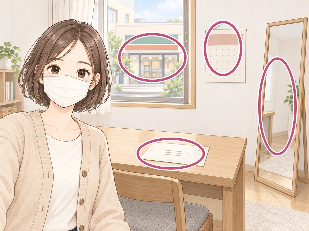 部屋で撮った自撮り写真。後ろに、窓の外の看板、カレンダー、封筒、鏡が写っている