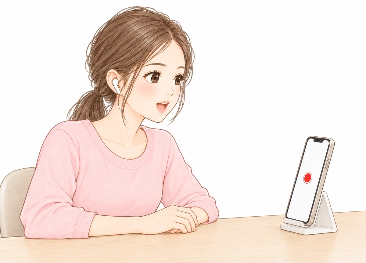 机に立てたスマホから、顔をはなして、声を録音している