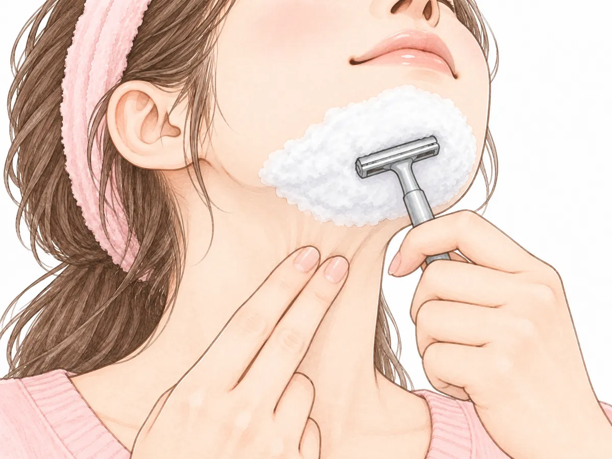 あごの下の皮ふを、指で引っぱって、平らにしてから剃っている