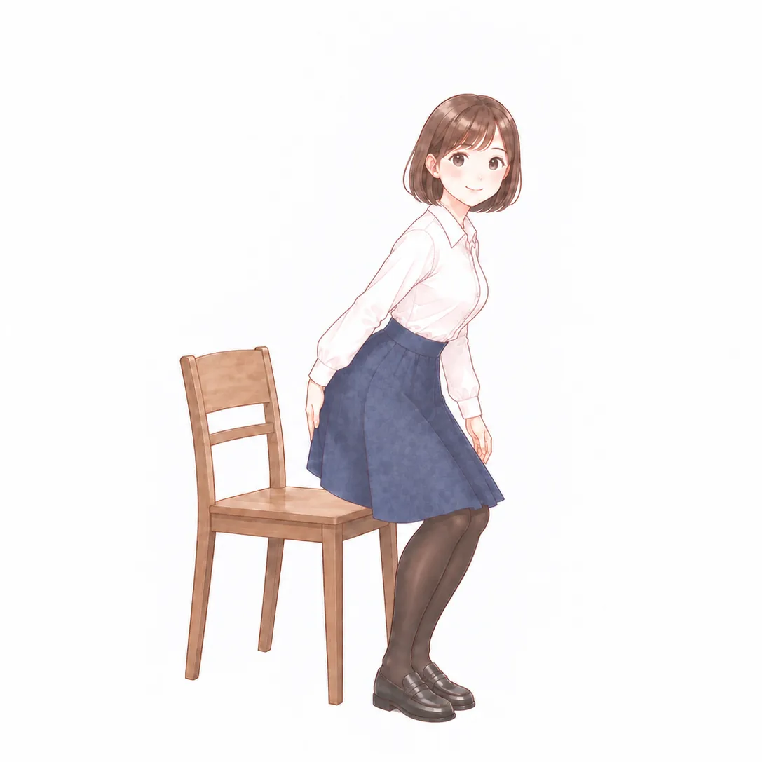 ②スカートを、うしろからなでつける