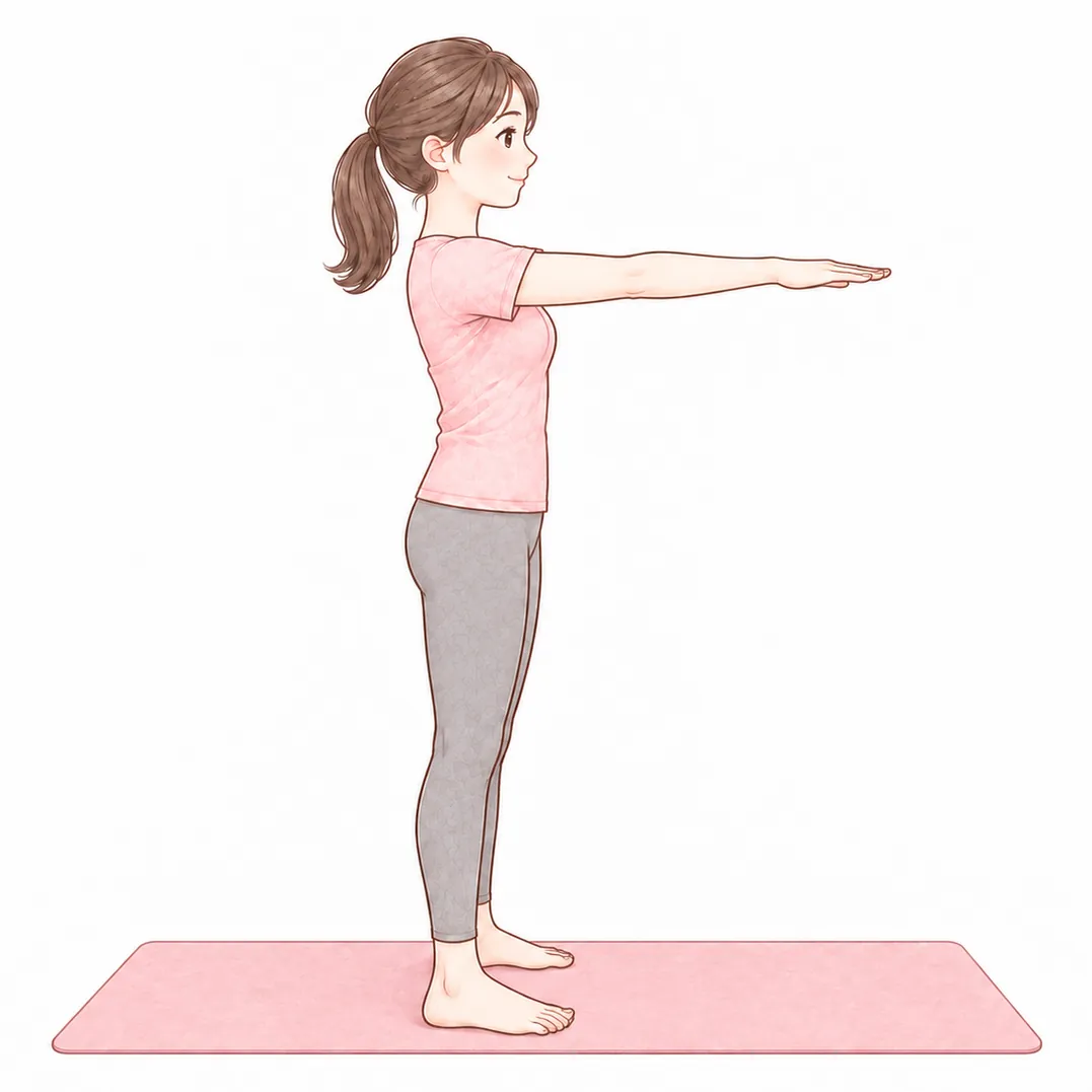 ①足を、肩のはばに開いて立つ