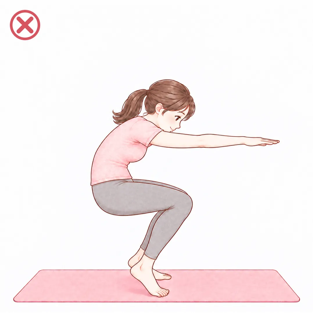 まちがい：背中が丸く、ひざが前に出ている