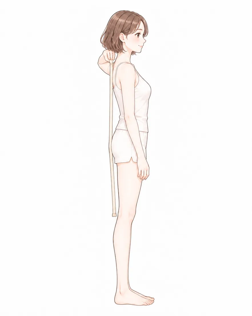 首のうしろの骨から、まっすぐ下へ、ひざの高さまで、メジャーをたらしている