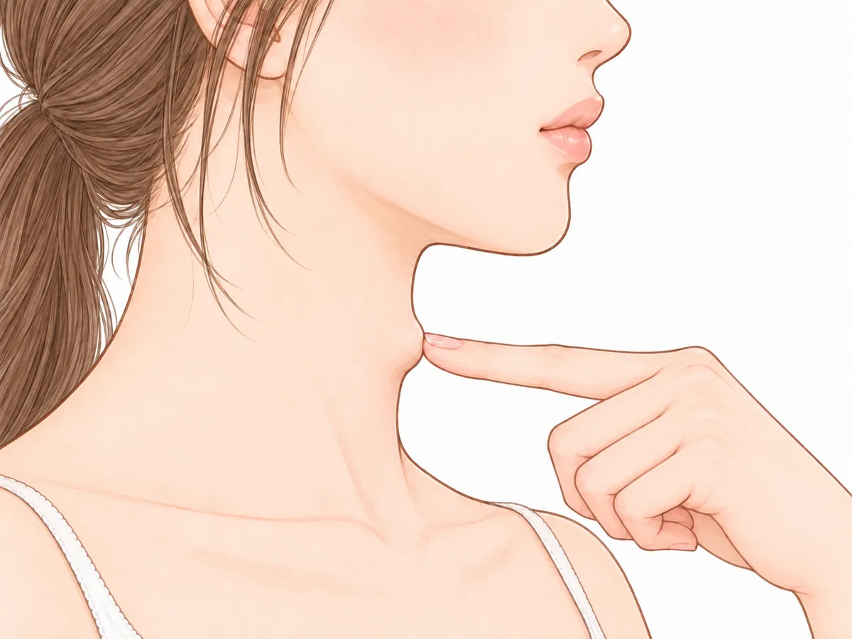 ①のどぼとけに、指を軽く当てる