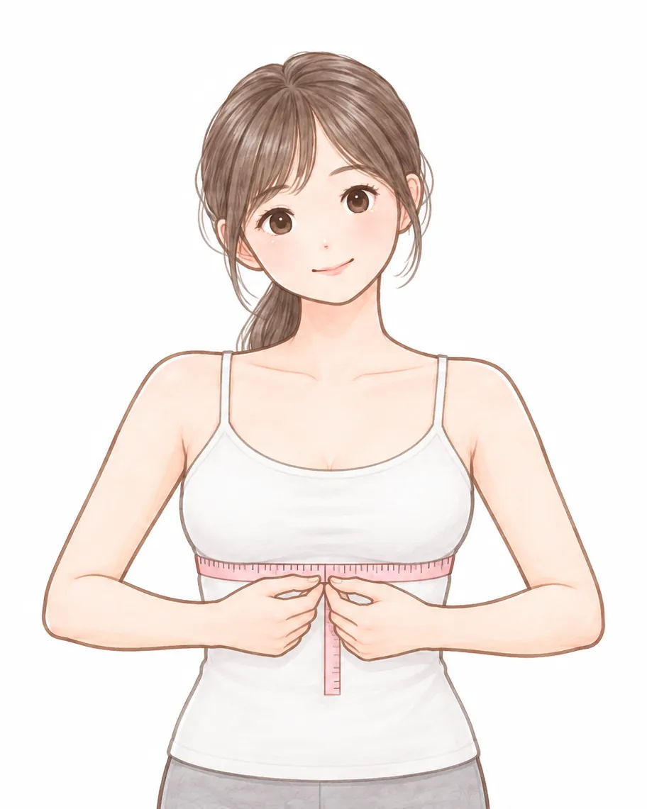 胸のふくらみのすぐ下に、メジャーを水平に回して、アンダーを測っている