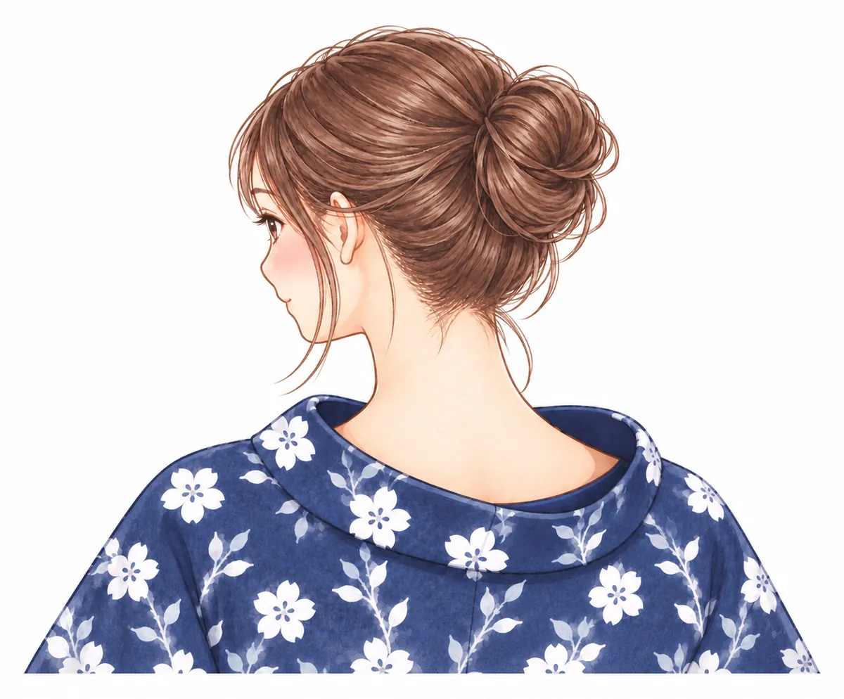 首のうしろと、えりのあいだに、こぶし1つ分のすき間があり、うなじが見えている