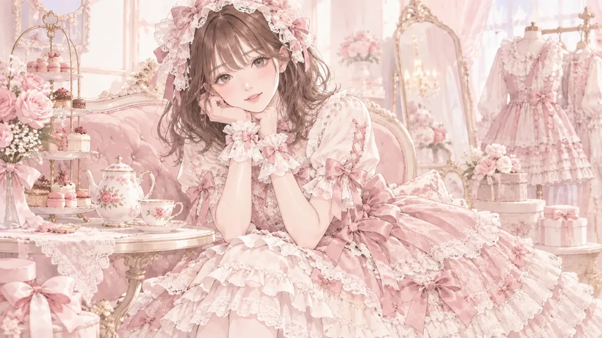 フリルのついたロリータ服で、お茶をしているところ